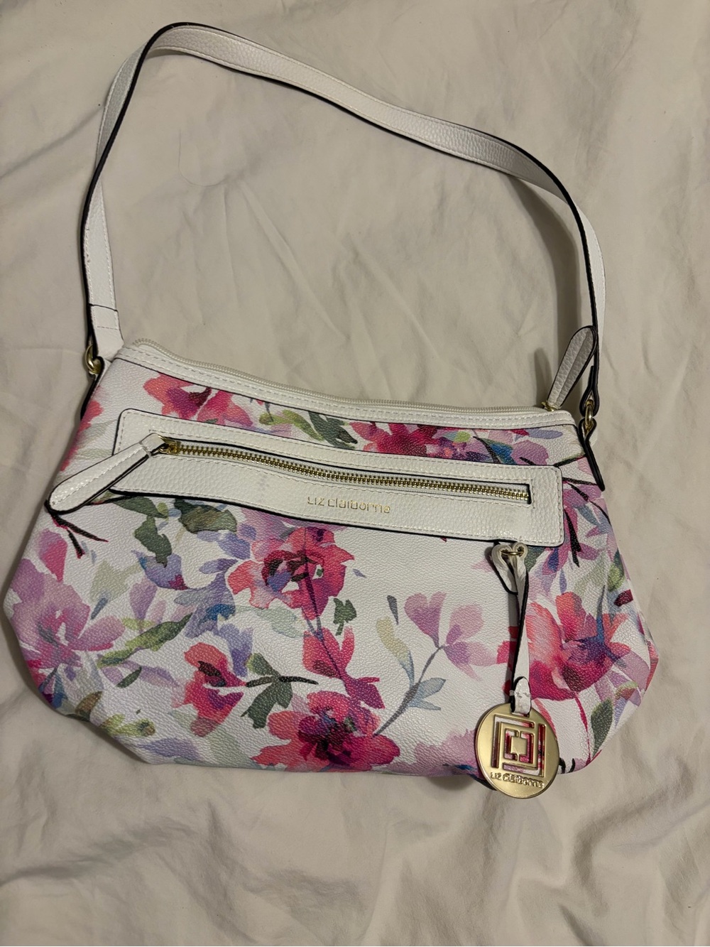Liz Claiborne White Floral Shoulder Bag with Pink & Green Accents